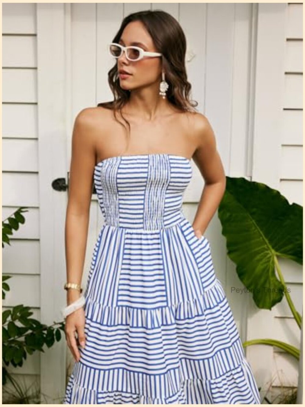 Strapless Midi Dress with Pockets Striped A-Line Tube Dress - Picture 5 of 6